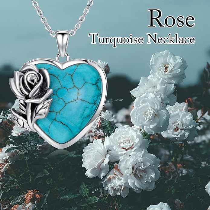 Genuine Turquoise Rose Necklace 925 Sterling Silver Heart Turquoise Pendant Vintage Southwestern Jewelry for Women