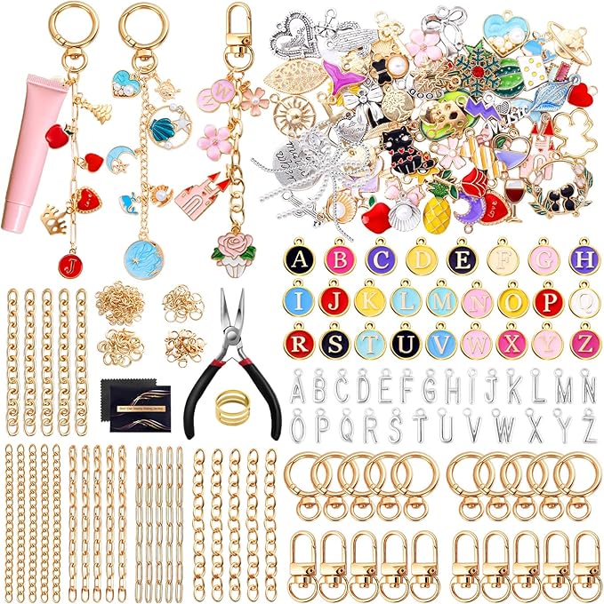 Wurosi 325Pcs Charms Lip Gloss Keychain Making Kit, Including 20 Keychain Clips 25 Extender Chain 118 Charms Jewelry Plier, Bag Charm Kit, Keychains Making Supplies for Jewelry Making,Christmas Gifts