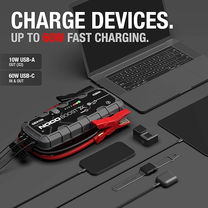 NOCO Boost X GBX155: 4250A UltraSafe Jump Starter – 12V Lithium Battery Booster Pack, Portable Jump Box, Power Bank & Jumper Cables - for 10.0L Gas and 8.0L Diesel Engines