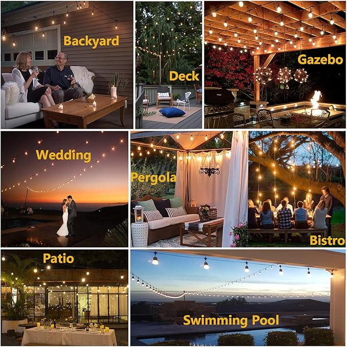 Outdoor String Lights LED 100FT Heavy-Duty Patio Lights String with 32 Dimmable Shatterproof Plastic Bulbs for Gazebo Pergola Bistro Lights Linkable