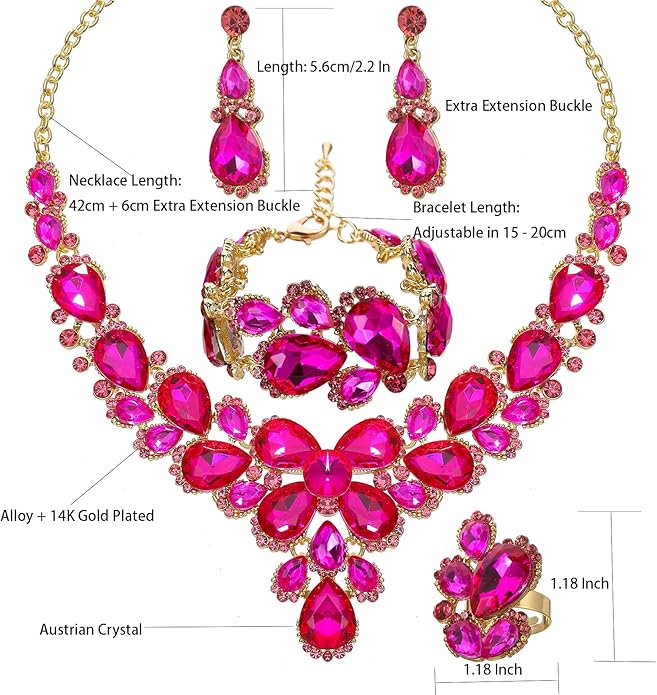 Women's Wedding Bridal Austrian Crystal Glass Teardrop Statement Necklace Dangle Earrings Bracelet Ring Wedding Party Jewelry Set for Bridal Bridesmaid