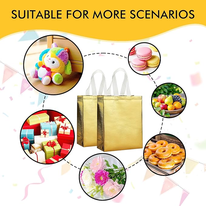 RACETOP 15 Pcs Gold Gift Bags Medium Size, 8x4x10 Inch Reusable Gift Bags with Handles & Sturdy Base, Ideal for Birthday, Wedding, Bachelorette, Party Favors, Holiday Goodie