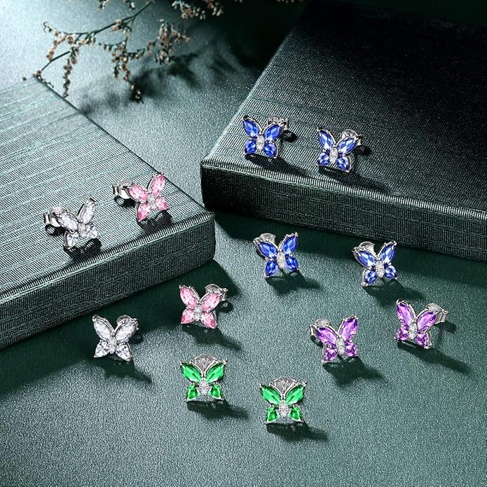 925 Sterling Silver Birthstone Butterfly Jewelry Women Crystal Animal Cute Butterflies Birthday Necklace/Earring/Ring/Bracelet Sets Birth Stone Statement Anniversary Jewellery