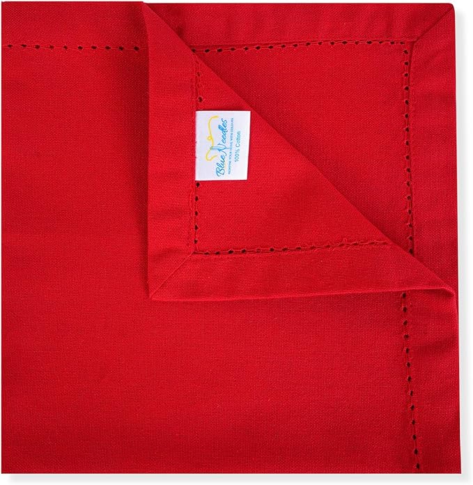 Blue Needles Set of 6 Hemstitch Linen Napkins 100% Cotton Red Cloth Dinner Napkins 18x18 inches, Soft, Reusable, Absorbent, Washable, Ideal for Fall Thanksgiving Events, Parties & Everyday Use