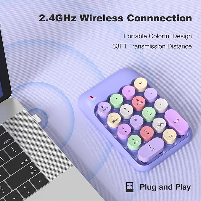 MOFII Wireless Number Pads - Purple Numeric Keypad 18 Keys USB 2.4G Round Keycap Colorful Extensions Keypads, Financial Accounting Portable Numpad 10 Key for Laptop/PC/Notebook/Surface Pro