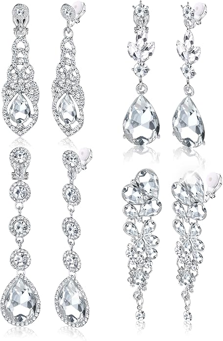 Jstyle 4 Pairs Silver Clip on Earrings for Women Elegant Rhinestone Clip on Earrings Dangle Drop for Brides Bridesmaids Non Pierced Earrings Set