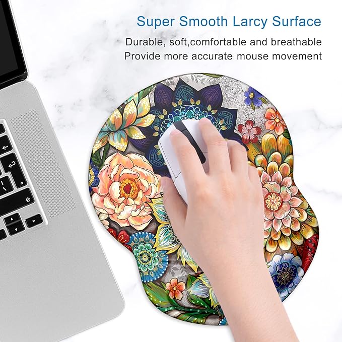 ITNRSIIET Ergonomic Mouse Pad with Gel Wrist Support Small Wrist Rest Smooth Surface Non-Slip PU Base Comfortable Office Supplies Pain Relief, 8.7 x 7.2 inches, Succulent Flower