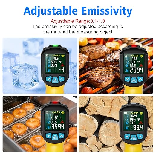 MESTEK Infrared Thermometer Temperature Gun, Non-Contact Digital Laser Thermometer with Probe for Cooking, Home and Industry Repair, Humidity Measurement, Adjustable Emissivity -58°F to 1472°F