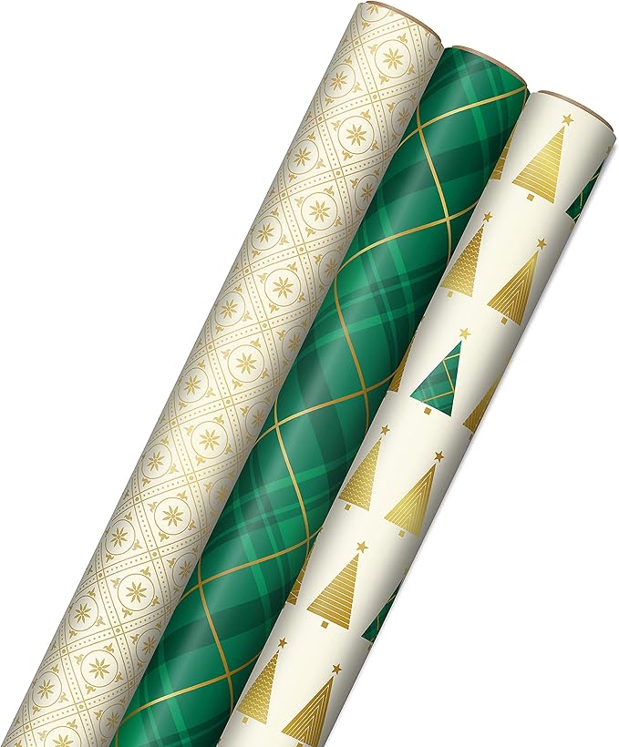 Hallmark Elegant Christmas Wrapping Paper with Cut Lines on Reverse (3 Rolls: 120 sq. ft. ttl) Gold Trees, Emerald Green Plaid, Gold Geometric Snowflakes