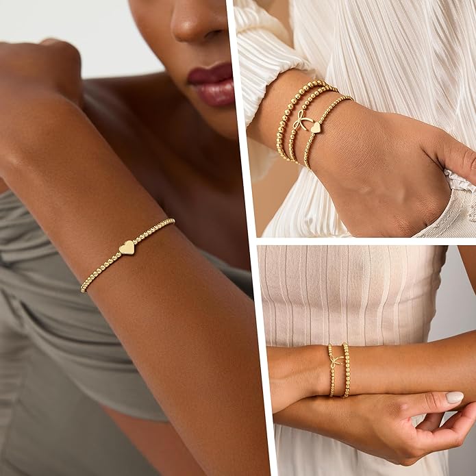 Turandoss Gold Bracelets for Women - Dainty 14K Gold Plated Bow Cross Beaded Bracelets for Women Stackable Heart Bead Bracelet Set Wave CZ Round Ball Bracelet Valentine's Day Gifts for Her
