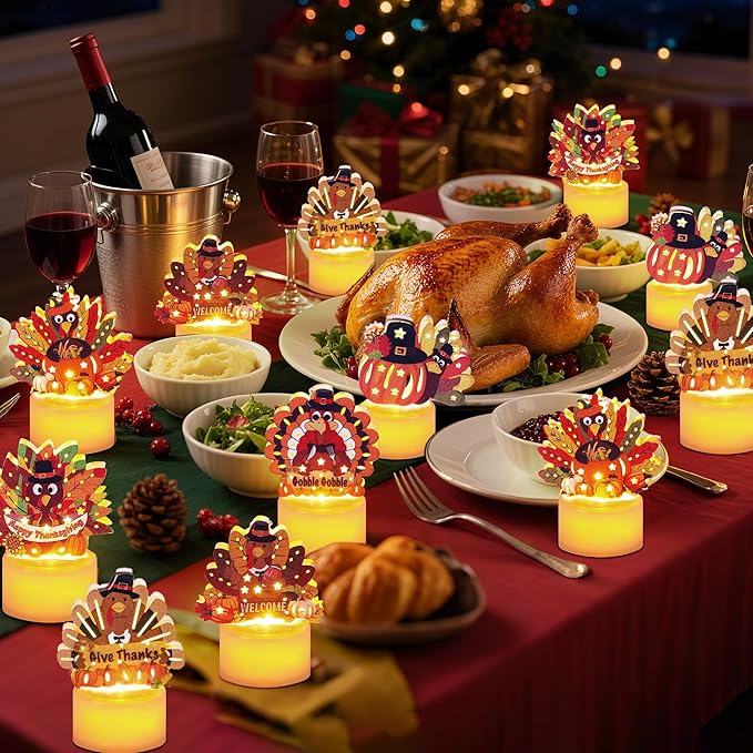 12 PCS Turkey Tea Lights Candles Thanksgiving Table Decorations, LED Flameless Tealight Candles Battery Operated Thanksgiving Decorations Centerpieces Turkey for Table Home Indoor Party Decor Gifts