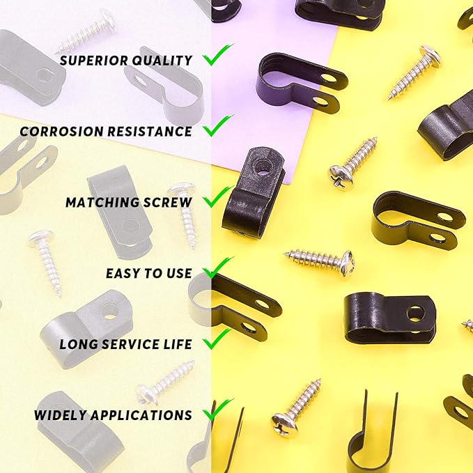 Swpeet 120 Pack Black 5/16 Inch Nylon Plastic R-Type Cable Clips Clamp Kit, Nylon Screw Mounting Cord Fastener Clips with 60 Pack Screws for Wire Management (5/16 Inch, Black)