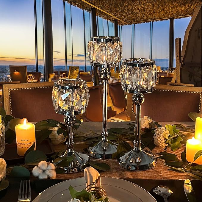 Set of 3 Cup Crystal Tealight Candle Holders, Centerpieces for Table Wedding Centerpieces Crystal Decorative Tealight Candle Dining Table Candle Holder Decor for Party (Set of 12 (3 Sizes), Silver)