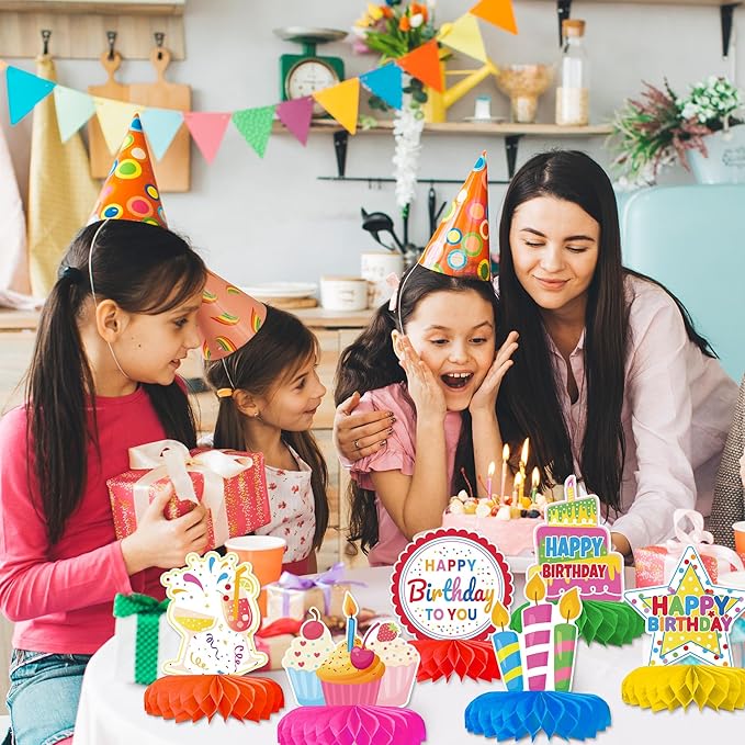 12 Pcs Birthday Table Decorations Colorful Birthday Centerpieces for Tables Happy Birthday Decorations Honeycomb Centerpieces Decor for Kids Happy Birthday Party Supplies