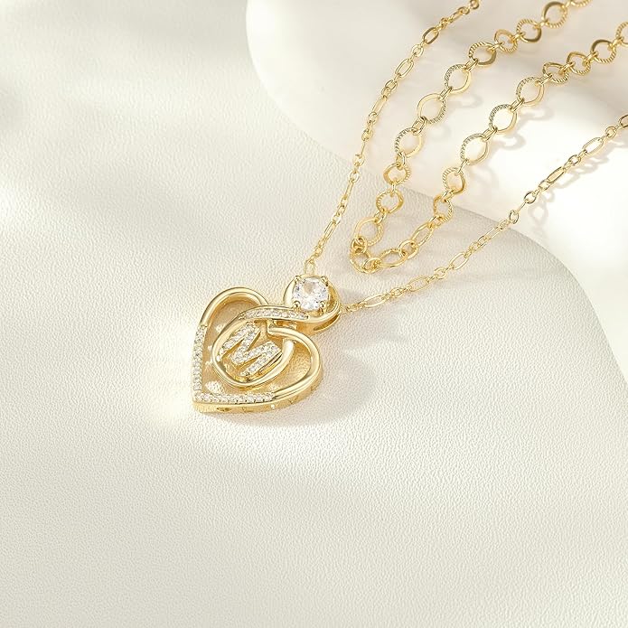 Heart Letter Necklaces for Women 14K Gold Plated Cubic Zirconia Heart Initial Layered Necklace Infinity Pendant Necklace Letter Initial Jewelry for Women