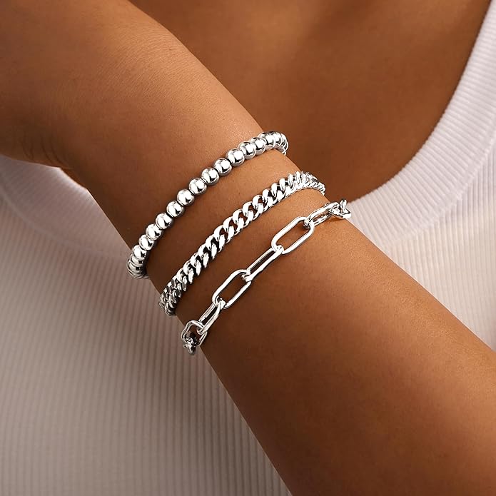 Gold Bracelets Set for Women Non Tarnish, 14K Gold Plated Sterling Silver Chunky Cuff Bracelet Stackable Gold Bangles Bracelet for Women Trendy Fashion Accessories Tie Knot Cuban Rope Paperclip Beaded Bracelet Stack Jewelry Valentines Day Gifts