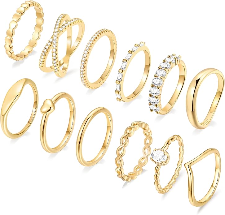 FAXHION 12 PCS Dainty 14K Gold Rings for Women, Eternity Open Chunky Twist Simulated Diamond Criss Cross Designs, Non Tarnish Gold Plated Stacking Thumb Ring, Perfect for Wedding Bands Size 5-11