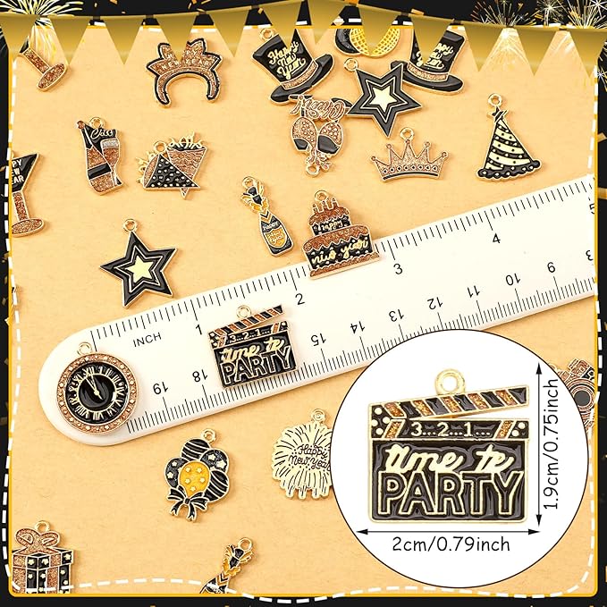 MARFOREVER 40Pcs/20 Pairs New Year Charms for Jewelry Making, New Year’s Eve Clock Hat Star Champagne Flute Glittery Enamel Pendants for Bracelet Necklace Earrings Making Accessories