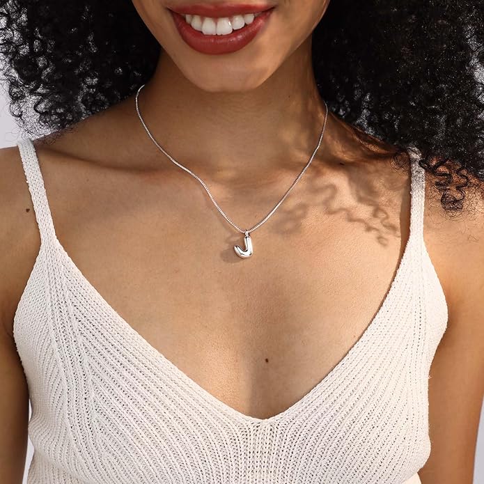 Bubble Gold Silver Letter Necklace Initial Necklaces for Women Trendy 14K Dainty Charm Pendant Name Necklace Personalized Jewelry Gift for Women Teen