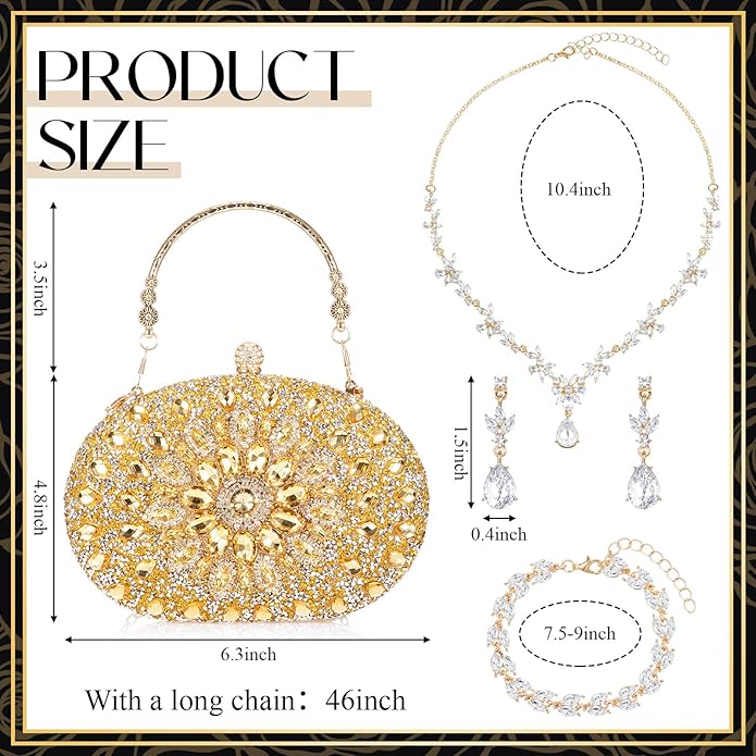 Quelay 4 Pcs Purse Rhinestone Jewelry Set Evening Clutch Bag Bling Crystal Necklace Dangle Earrings Bracelets Accessories
