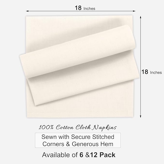 Ruvanti Premium Cloth Napkins Set of 6, 18x18 Inches, 100% Cotton, Washable, Soft & Absorbent, Perfect for Wedding, Christmas, ‎Thanksgiving Dinners - Natural Color