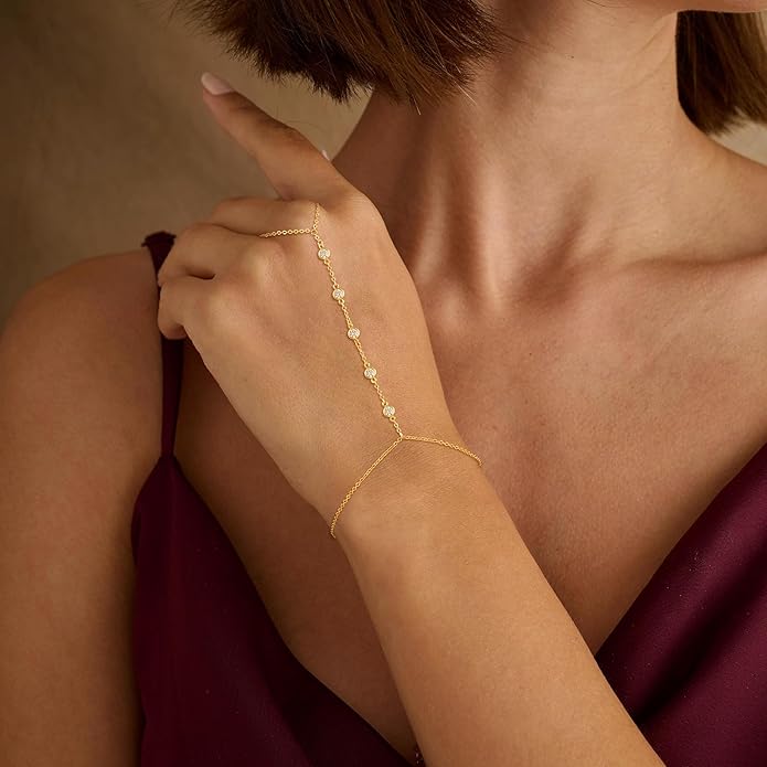 Valentine Gift 14K Gold Plated Hand Chain Bracelet for Women Trendy, 2 Pcs Stackable Gold/Silver Finger Ring Bracelet Hand Chain Dainty Non Tarnish Waterproof Set Jewelry Adjustable 7'+2