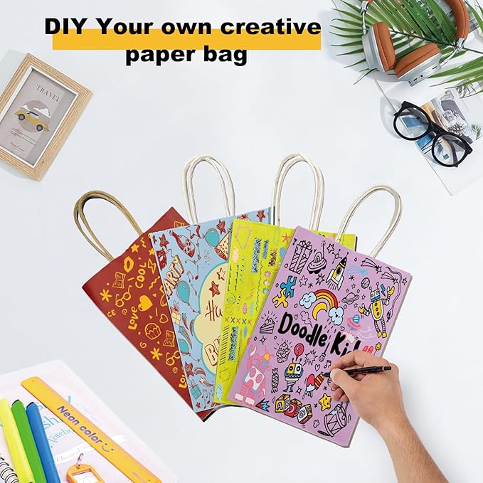 BAG BOX 100 Pack Small 5.9x3.1x8.25Inch Blue Kraft Paper Gift Bags with Handles for Bulk Shopping, Retail, Craft, Party Favors, Wedding, Grocery & Sacks