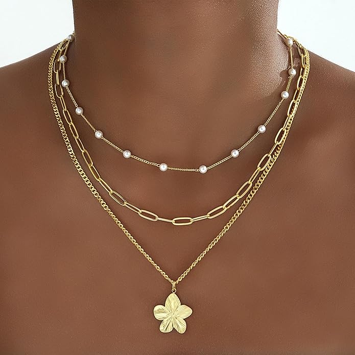 YEEZII Layered Gold Necklaces for Women Trendy, 3 Pcs 14K Gold Plated Choker Paperclip Box Chain Necklace, Stackable Women's Gold Pendant Necklaces Jewelry Set