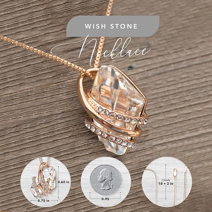 Leafael Wish Stone Pendant Necklace with Birthstone Crystal, 18K Rose Gold Plated/Silvertone, 18" + 2"