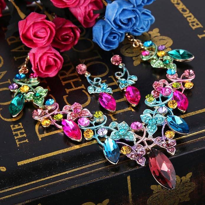 BriLove Women's Costume Fashion Crystal Floral Vine Leaf Statement Necklace Dangle Earrings Set