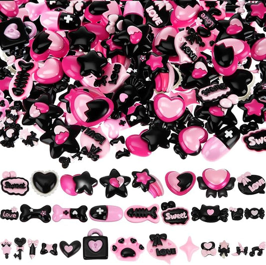 Giegxin 40 Pcs Pink and Black Valentine's Day Resin Charm Love Heart Bow Star Cat Claw Bone Meteor Flatback Cabochon Accessories Cute Embellishment Bulk for Jewelry Cellphone Case Scrapbooking DIY
