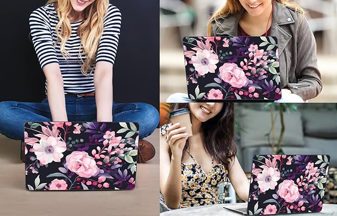 CISSOOK Compatible with MacBook Air 13 inch Case M1 2021 2020-2018 Release Model A2337 A2179 A1932, Flower Plastic Hard Shell Case Black Cover for MacBook Air 13 inch with Touch ID- Pink Flowers