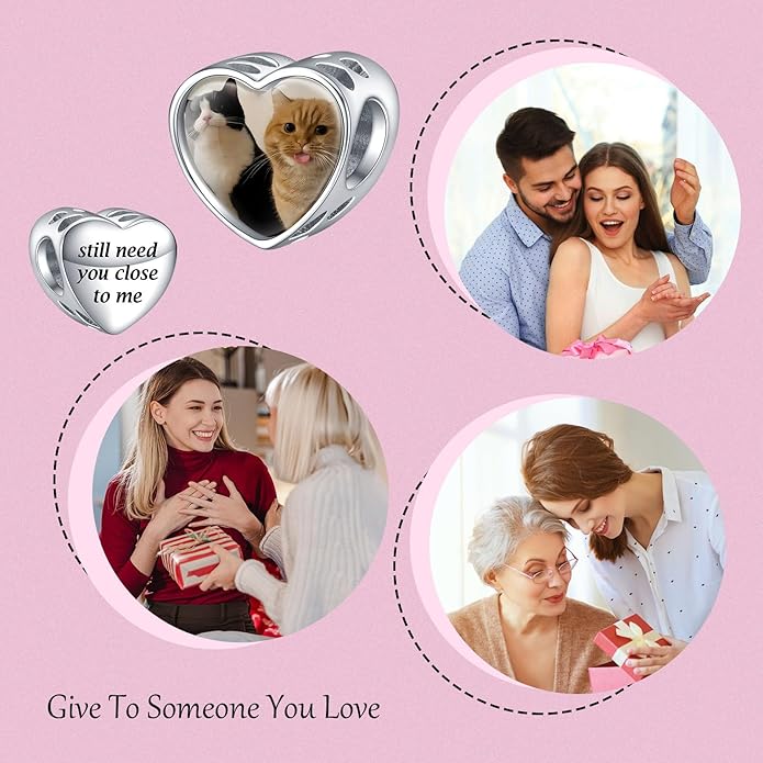 Annmors Personalized Photo Charms For Bracelets/Necklace 925 Sterling Silver Love Heart Shaped Engraved Customize Picture Gift for Birthday Mother's Day,Bead Charms Jewelry for Women