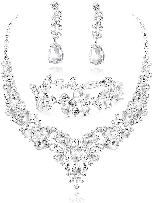 LOYALLOOK Crystal Bridal Jewelry Set for Women Rhinestone Necklace Earrings Bracelet Wedding Bridesmaid Gifts fit with Wedding Dress