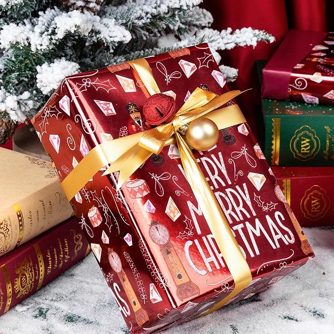 WRAPAHOLIC 30 Inch Jumbo Reversible Nutcracker Christmas Wrapping Paper - 30 Inch x 100 Feet Jumbo Roll Merry Christmas Nutcracker Wrapping Paper with Metallic Foil Shine for Xmas Holiday, Party
