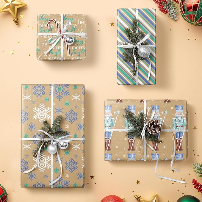 RUSPEPA Christmas Kraft Wrapping Paper - Nutcracker Soldier, Snowflake, Stripe and Text Design - 4 Rolls - 30 inches x 10 feet per Roll
