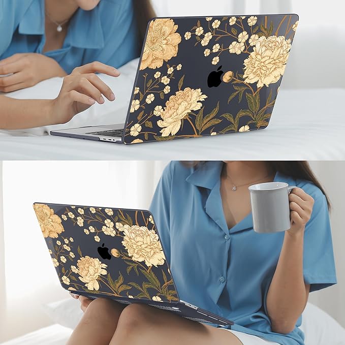 Mektron Case for MacBook Pro 16 Inch A2141 Cover 2019 Release 16" with Liquid Retina Display/Touch ID, Plastic Hard Shell with Keyboard Skin & Screen Protector & Dust Plug, Peony Flowers C186