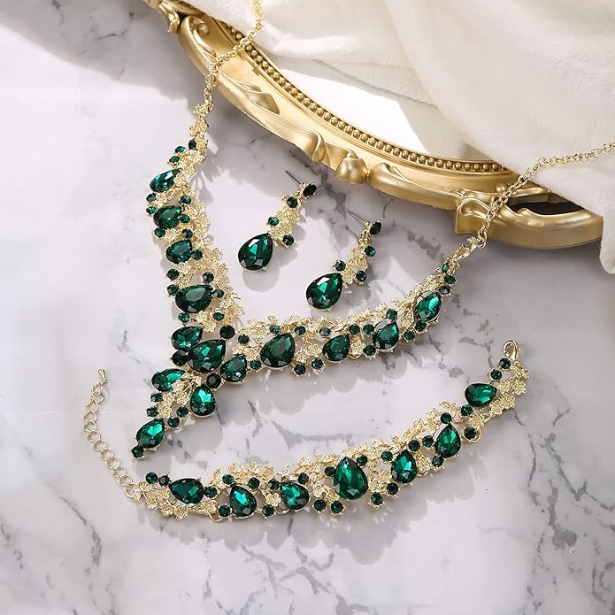 BriLove Women's Wedding Bridal Austrian Crystal Teardrop Flower Cluster Statement Necklace Dangle Earrings Jewelry Set for Party Prom