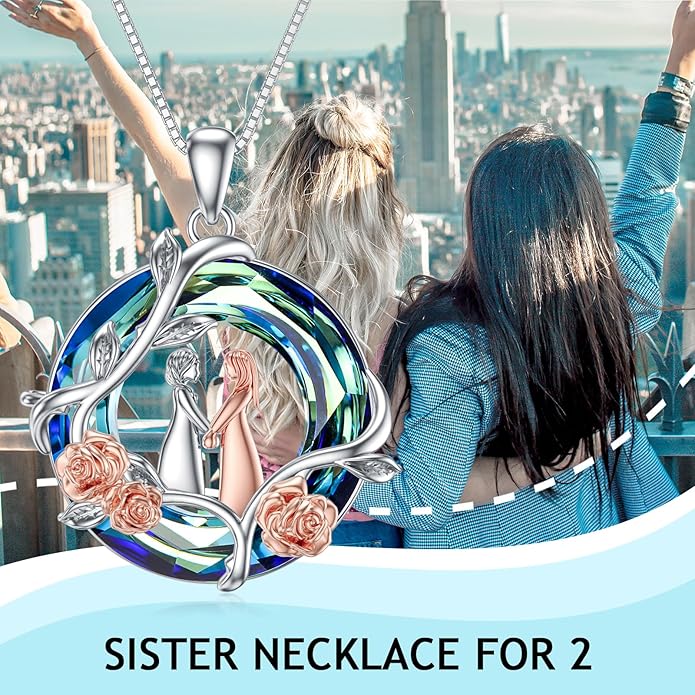 TOUPOP Sisters Gifts from Sister Necklace Sterling Silver Rose Flower with Crystal Jewelry Valentines Day Birthday Gifts for Women Best Friend Friendship