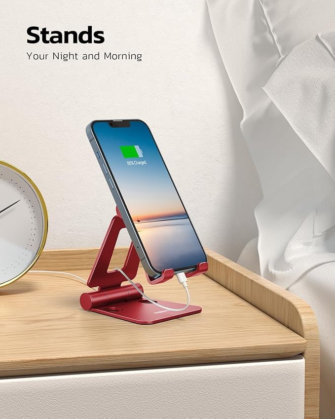 Nulaxy Dual Folding Cell Phone Stand, Fully Adjustable Foldable Desktop Phone Holder Cradle Dock Compatible with iPhone 17 16 15 14 13 12 11 Pro Max Xs Xr X 8, Nintendo Switch, All Phones - Red
