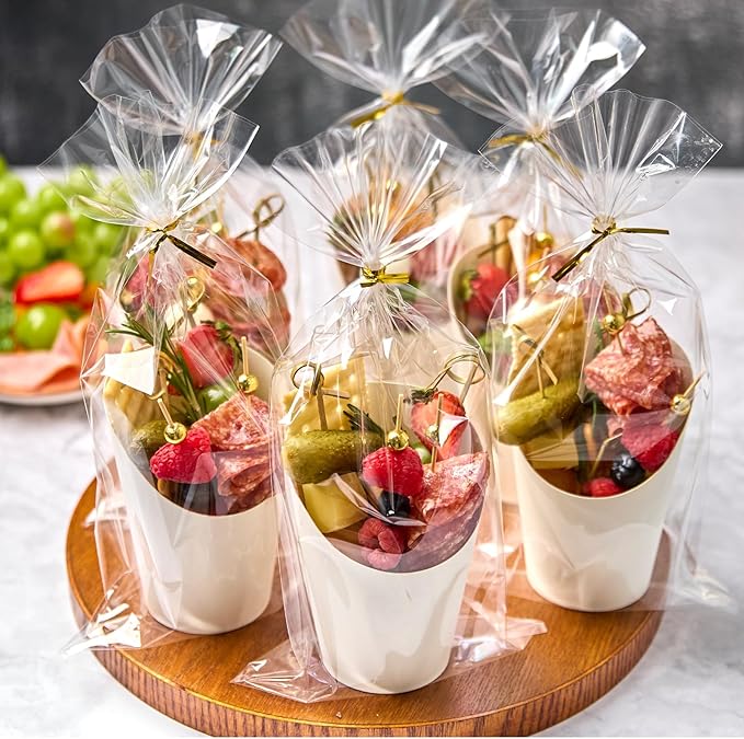 50 Sets 14 oz Charcuterie Cups with Sticks and Bags, Individual White Paper Charcuterie Boxes Disposable Individual Appetizer Serving Cups (50 Cups + 200 Cocktail Picks + 50 Bags + 50 Ties)