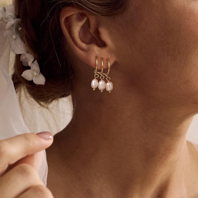 Gold Pearl Dangle Earrings for Women, 14K Gold Plated Small Pearl Drop Huggie Hoop Earrings, Hypoallergenic Dainty Gold Earrings Wedding Jewelry Gifts for Women Trendy