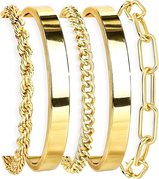 Gold Bracelets Set for Women Non Tarnish, 14K Gold Plated Sterling Silver Chunky Cuff Bracelet Stackable Gold Bangles Bracelet for Women Trendy Fashion Accessories Tie Knot Cuban Rope Paperclip Beaded Bracelet Stack Jewelry Valentines Day Gifts