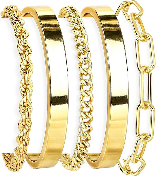 Gold Bracelets Set for Women Non Tarnish, 14K Gold Plated Sterling Silver Chunky Cuff Bracelet Stackable Gold Bangles Bracelet for Women Trendy Fashion Accessories Tie Knot Cuban Rope Paperclip Beaded Bracelet Stack Jewelry Valentines Day Gifts