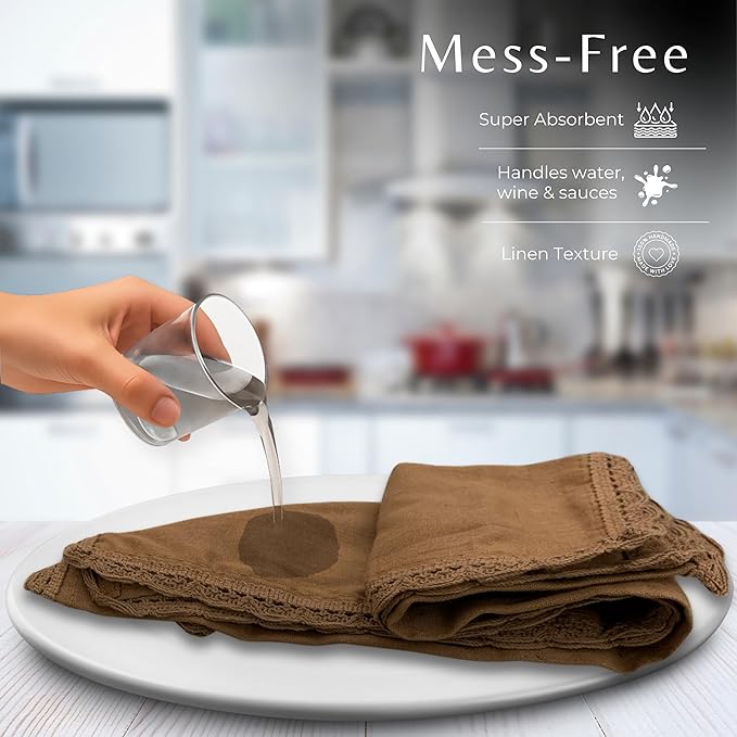 Ramanta Home Linen Flax Cloth Napkins Set of 12| 18x18 Inch | Premium Cotton Linen Flax Lace Soft & Durable | Washable Ideal for Everyday Use Parties Thanksgiving Christmas Halloween Brown