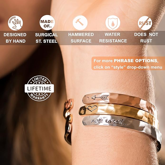 Carviell Engraved Cuff Bracelets for Women – Inspirational, Friendship, Love, Mom, Daughter, Sister, Christian, Graduation, Memorial & Wedding Gifts – 80+ Phrases – Stainless Steel, Gift-Ready