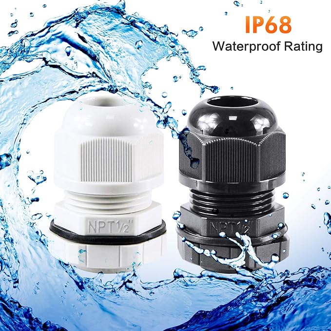 XHF IP68 Nylon Waterproof NPT Cable Glands Assortment 38pcs 1/4", 3/8'', 1/2'', 3/4'' UL Listed and RoHS Cord Grip Compliant Cable Strain Relief Black