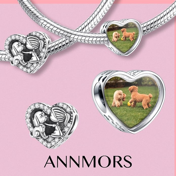 Annmors Personalized Photo Charm for Bracelet Necklaces,925 Sterling Silver Charm Love Heart Shaped Engraved Customize Picture Gift for Birthday Mother's Day Christmas,Bead Charms Jewelry for Women
