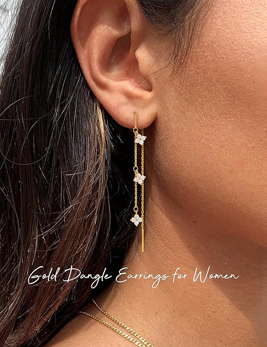 Gold Silver Dangle Earrings for Women Trendy 14K Gold Plated Drop Long Threader Chain Dangling Earring Hypoallergenic Pearl Butterfly Flower Clover CZ Wedding Earrings for Brides Jewelry Gifts
