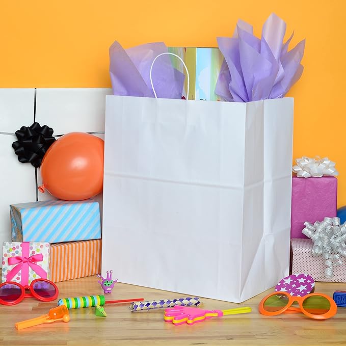 Prime Line Packaging White Gift Bags, Kraft Paper Bags Large with Handles for Small Business, Boutiques, Merchandise, Party Favors, Bulk, 14x10x16.5, 50 Pack